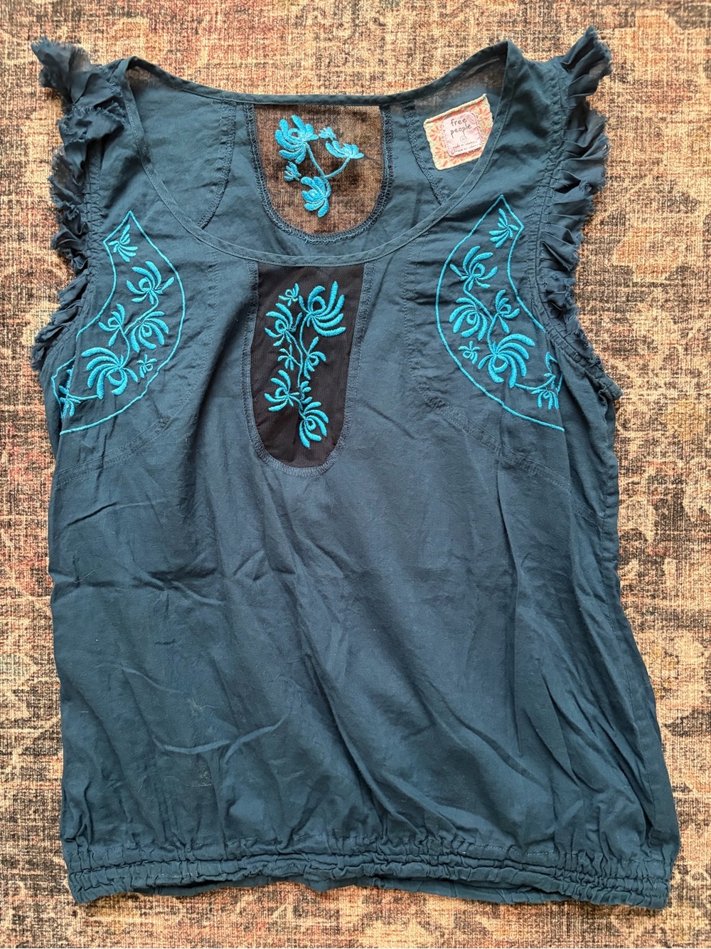 Free People Teal Blue Embroidered Ruffle Sleeveless Top